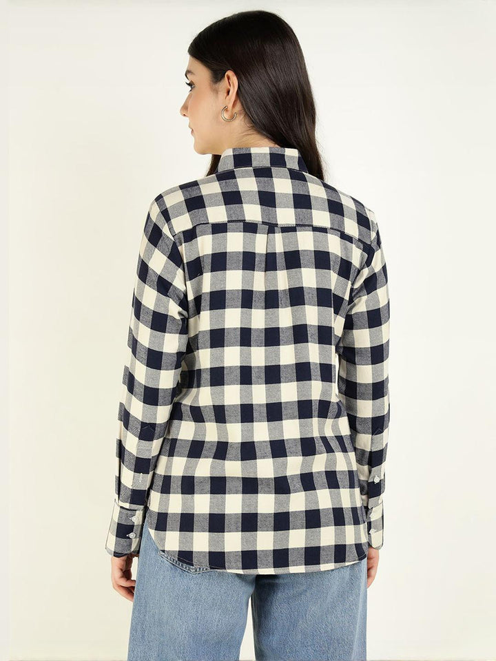 Women Cream & Navy Checked Pure Cotton Relaxed Fit Formal Shirt