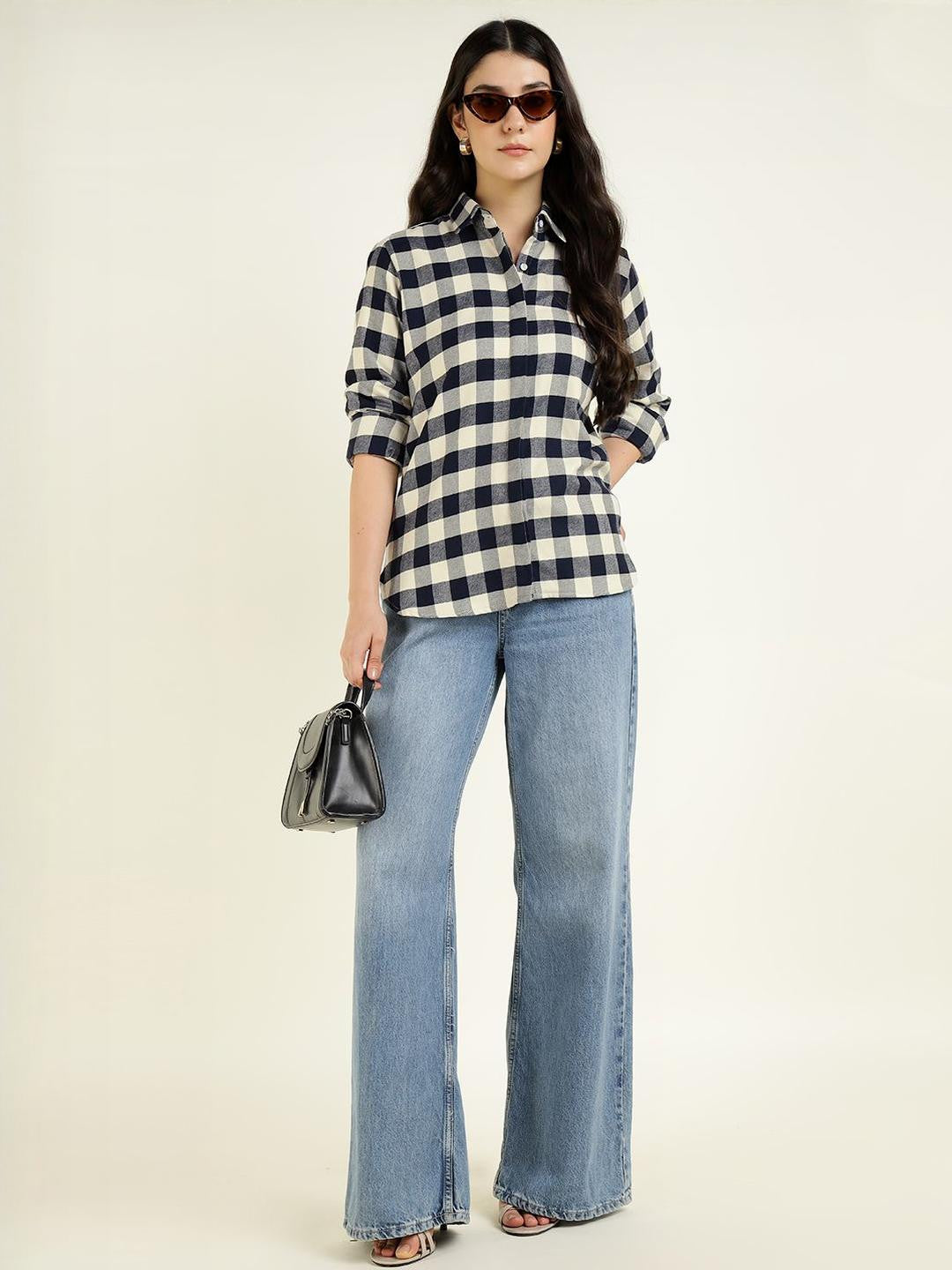 Women Cream & Navy Checked Pure Cotton Relaxed Fit Formal Shirt