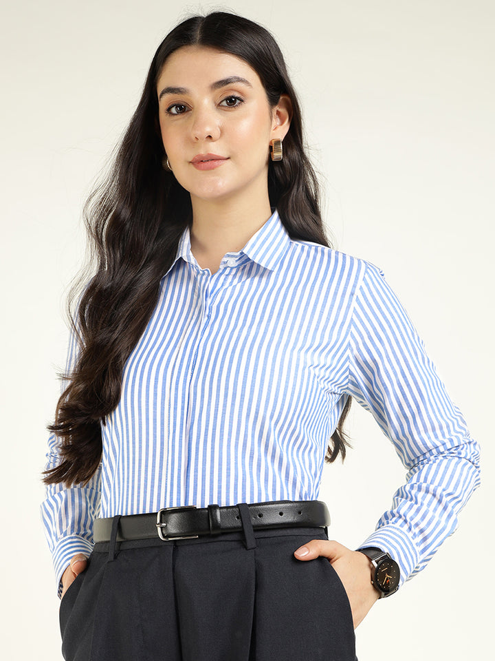 Women White & Blue Striped Pure Cotton Regular Fit Formal Shirt