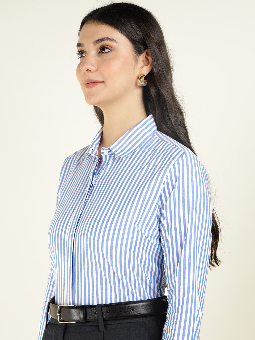 Women White & Blue Striped Pure Cotton Regular Fit Formal Shirt