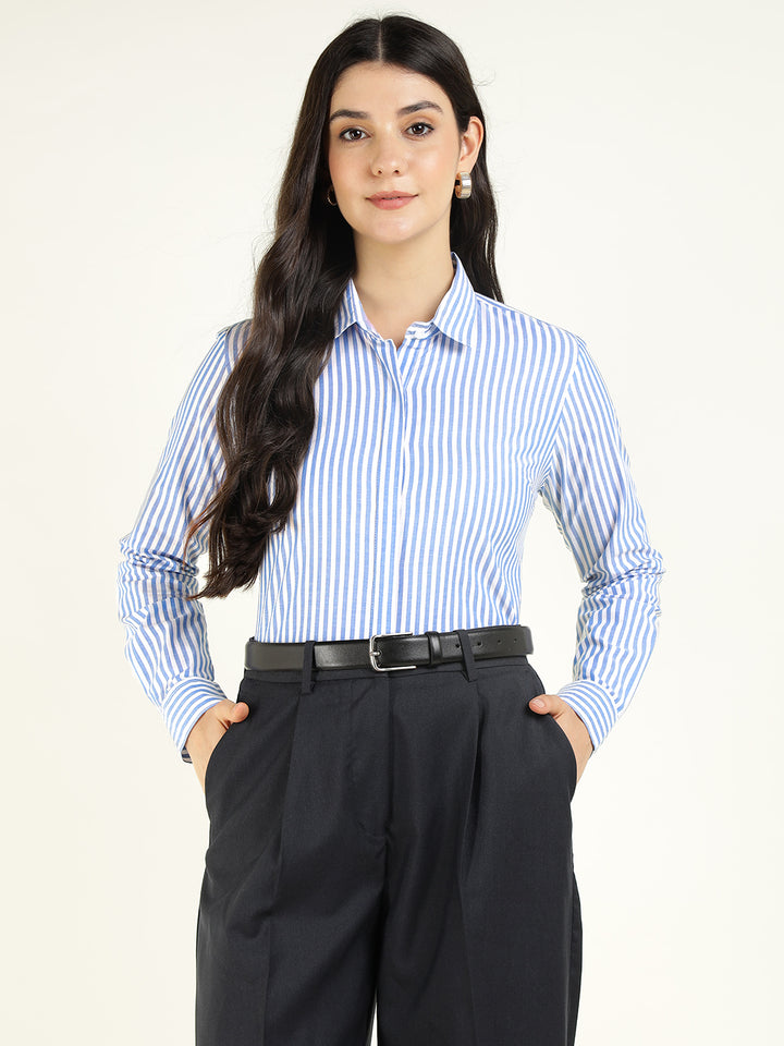 Women White & Blue Striped Pure Cotton Regular Fit Formal Shirt