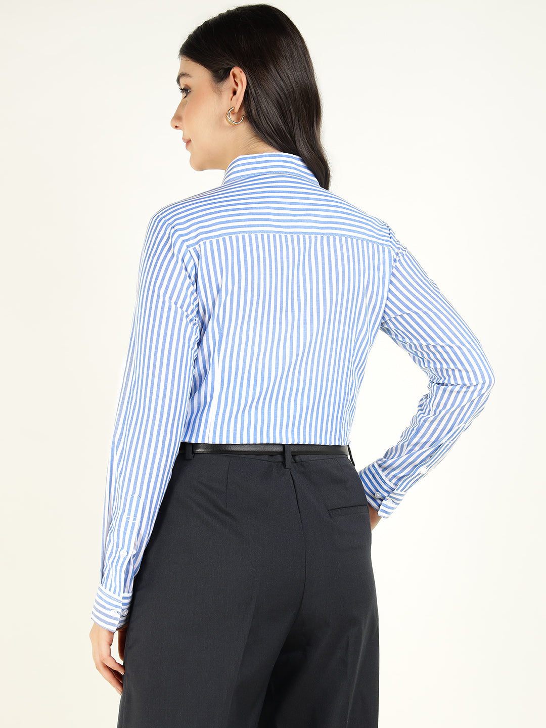 Women White & Blue Striped Pure Cotton Regular Fit Formal Shirt