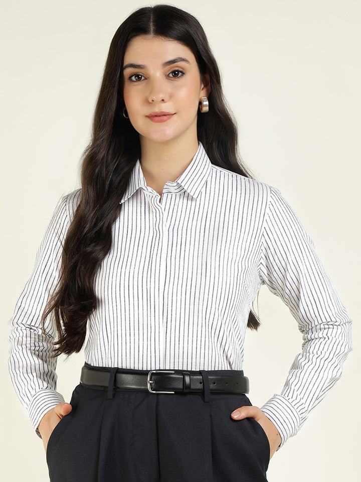 Women White & Navy Striped Linen Blend Regular Fit Formal Shirt