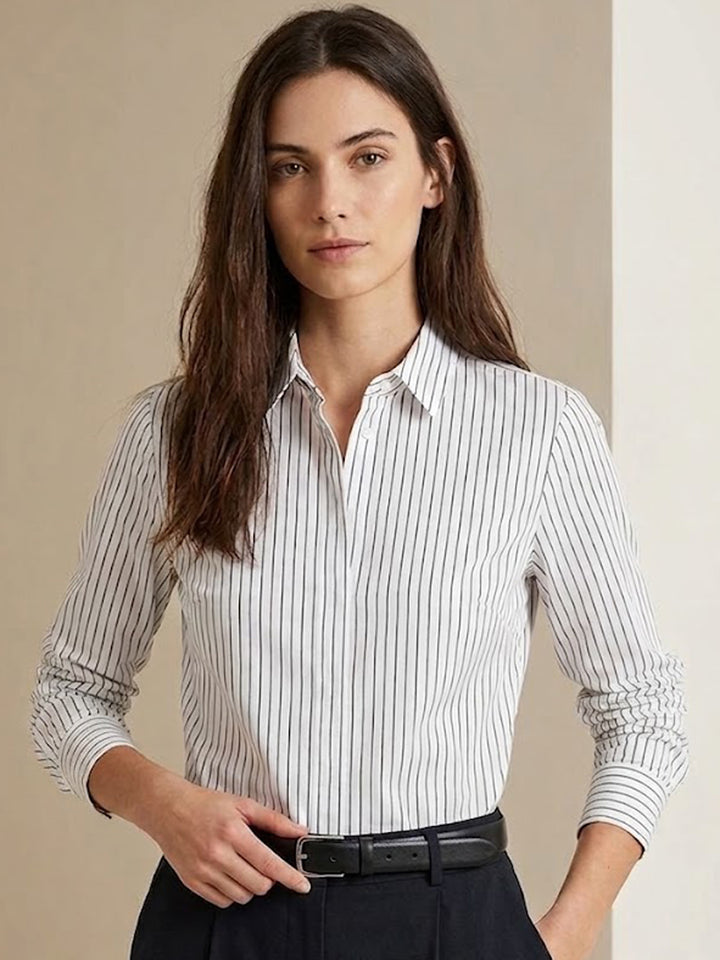 Women White & Navy Striped Linen Blend Regular Fit Formal Shirt