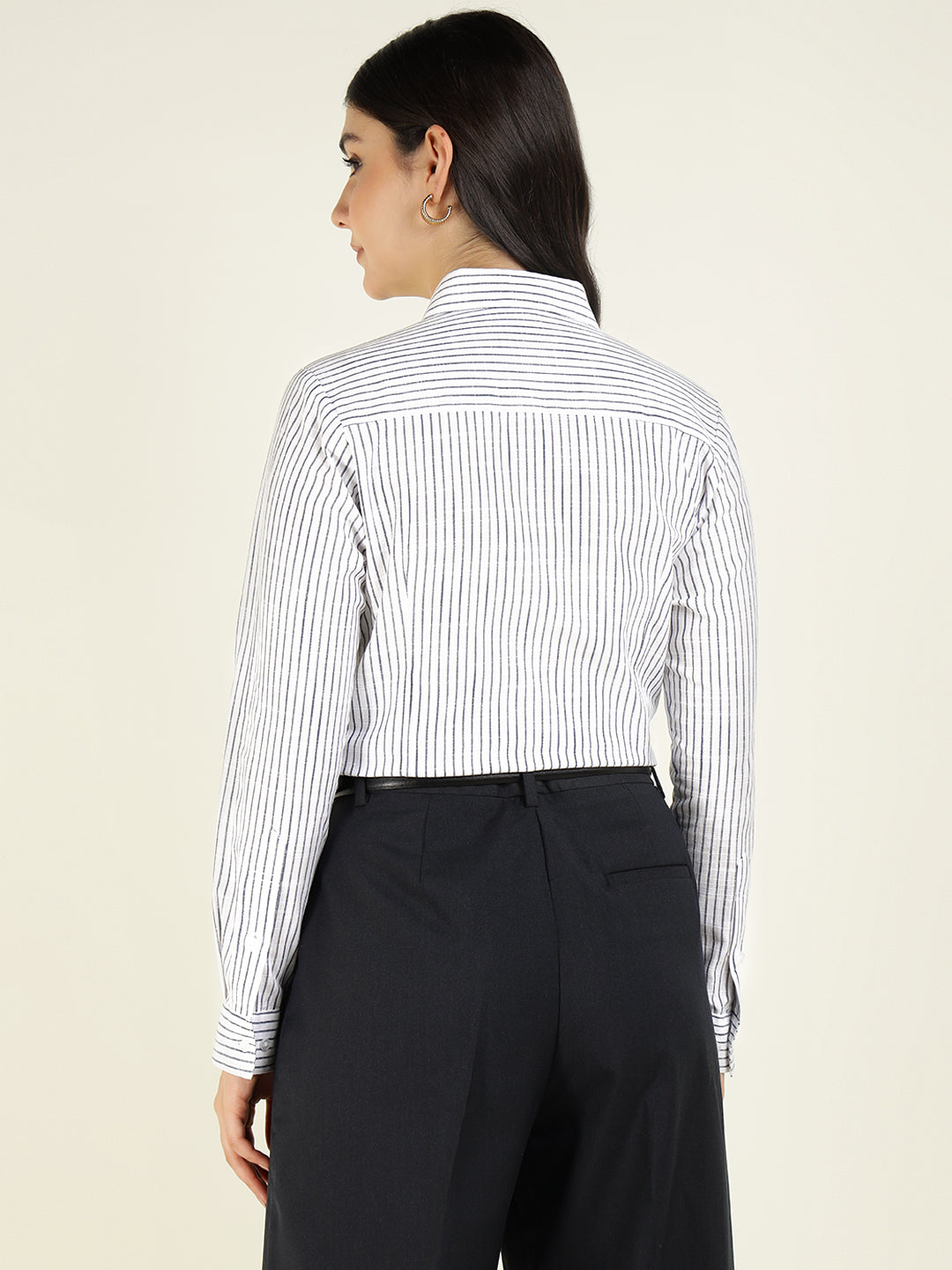 Women White & Navy Striped Linen Blend Regular Fit Formal Shirt