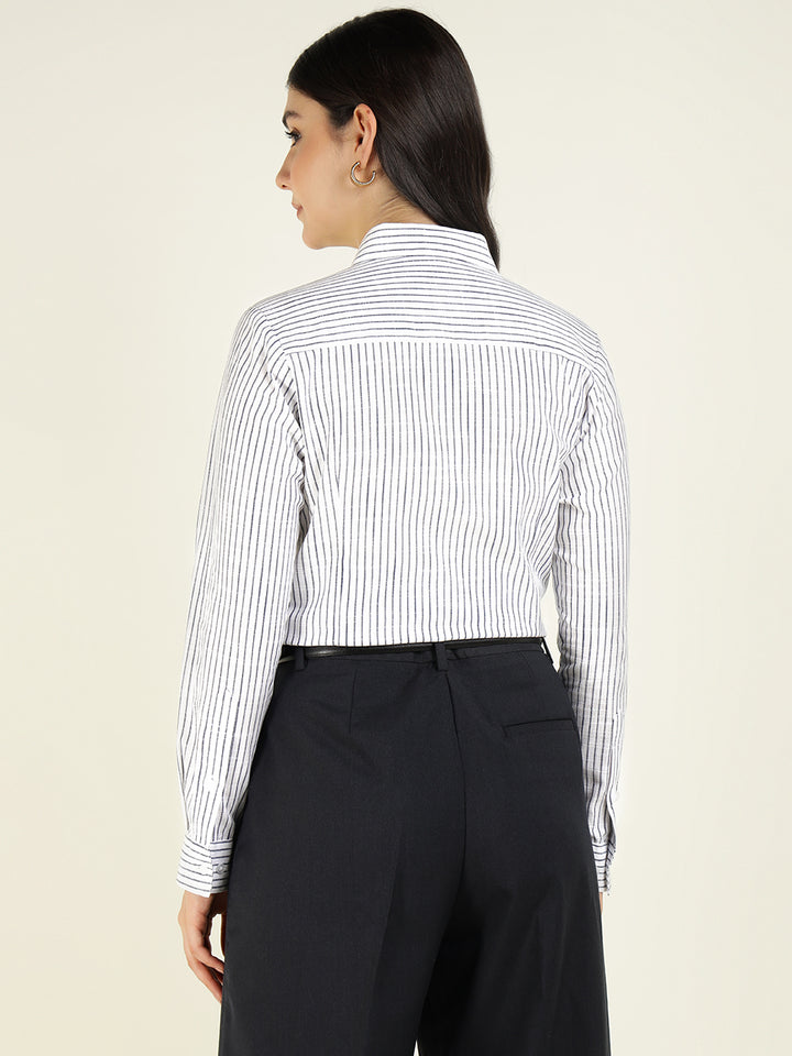 Women White & Navy Striped Linen Blend Regular Fit Formal Shirt