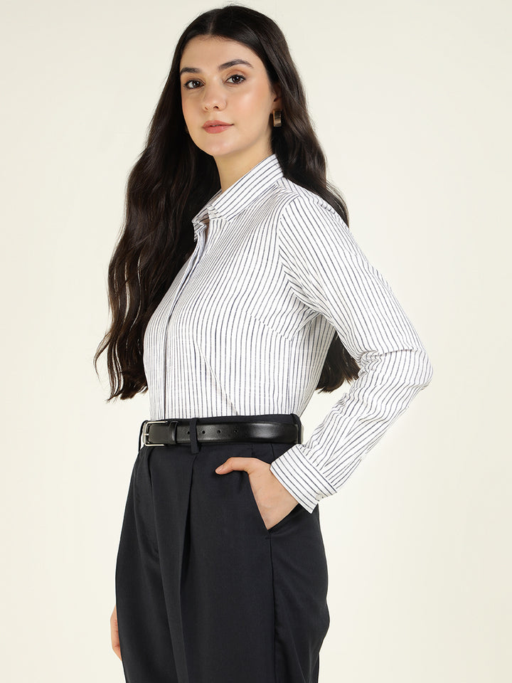 Women White & Navy Striped Linen Blend Regular Fit Formal Shirt