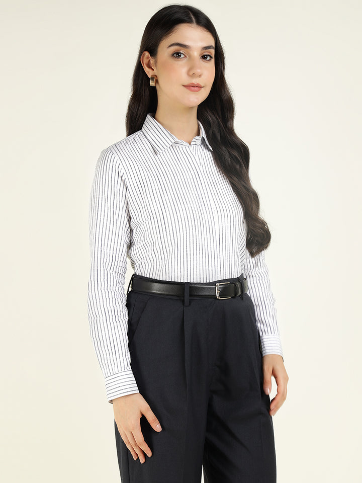Women White & Navy Striped Linen Blend Regular Fit Formal Shirt