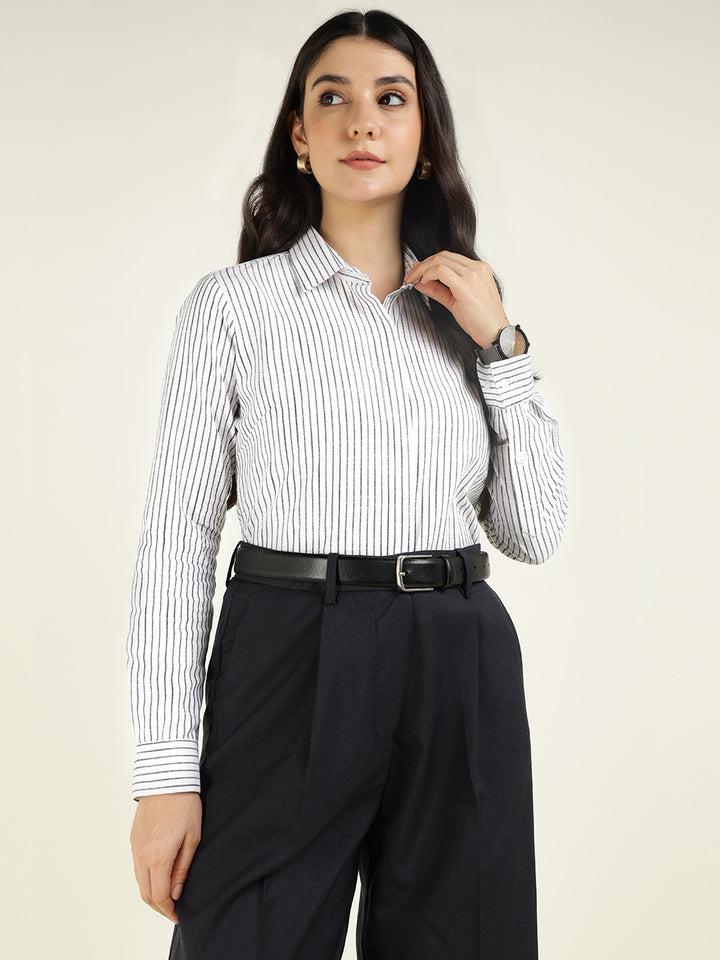 Women White & Navy Striped Linen Blend Regular Fit Formal Shirt