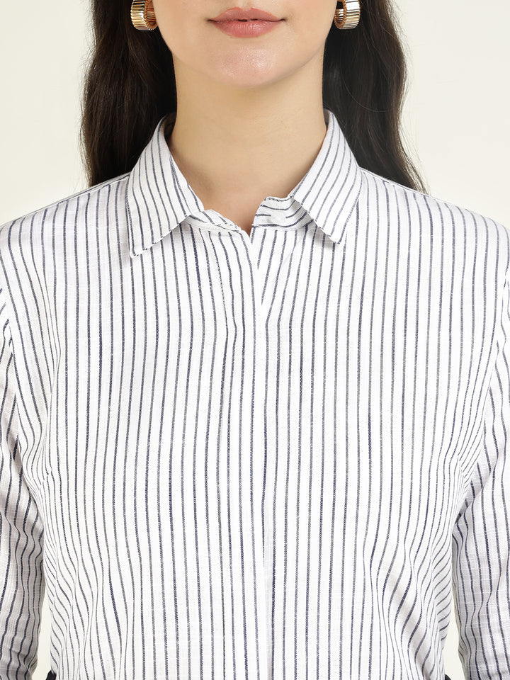 Women White & Navy Striped Linen Blend Regular Fit Formal Shirt
