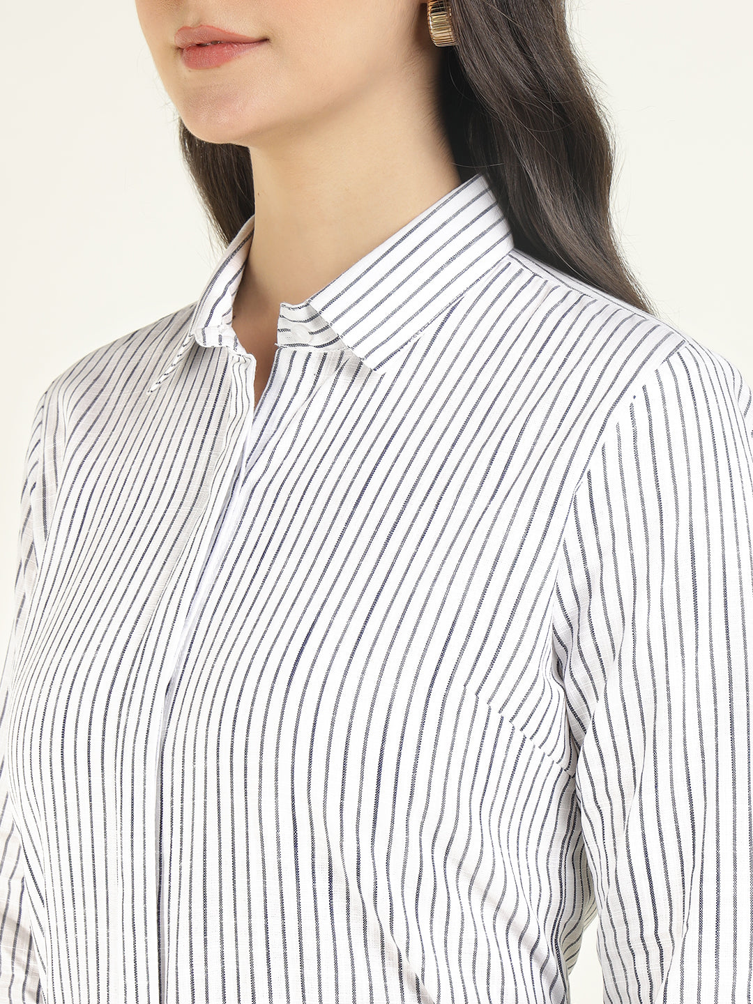 Women White & Navy Striped Linen Blend Regular Fit Formal Shirt