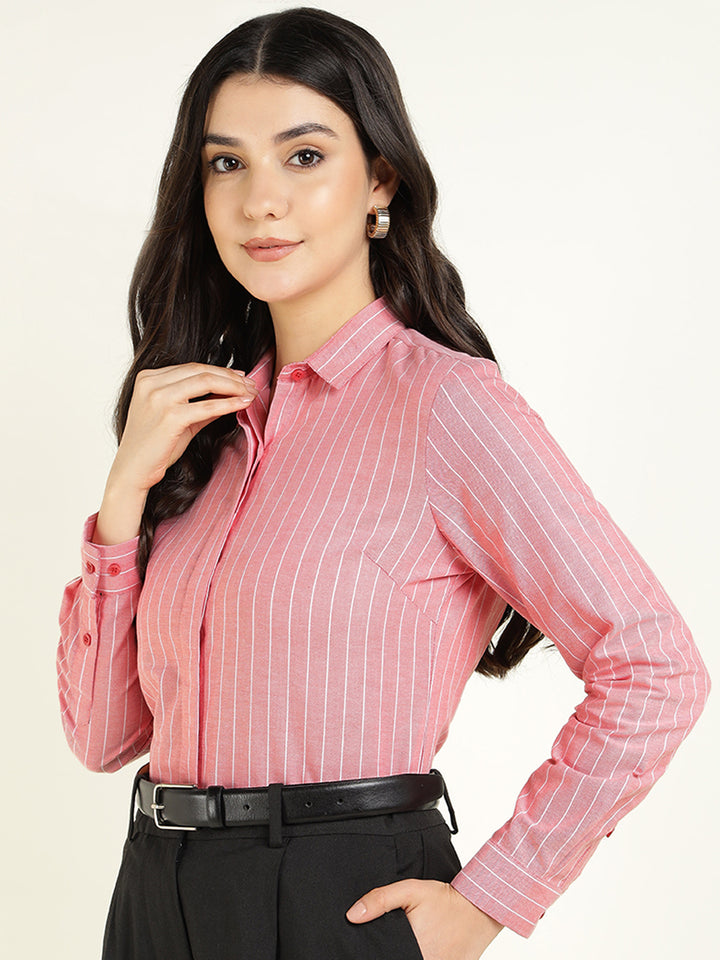 Women Coral Striped Pure Cotton Slim Fit Formal Shirt