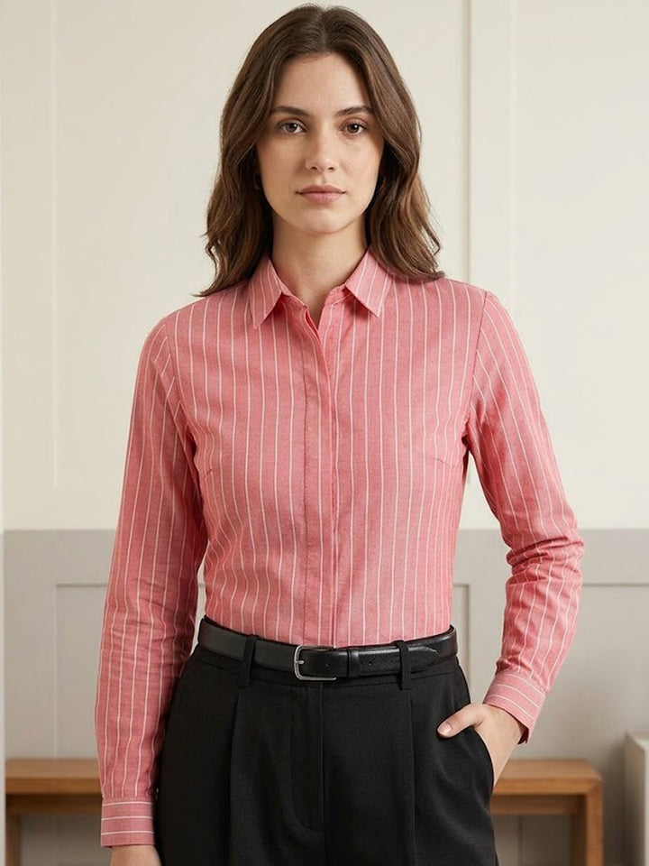 Women Coral Striped Pure Cotton Slim Fit Formal Shirt