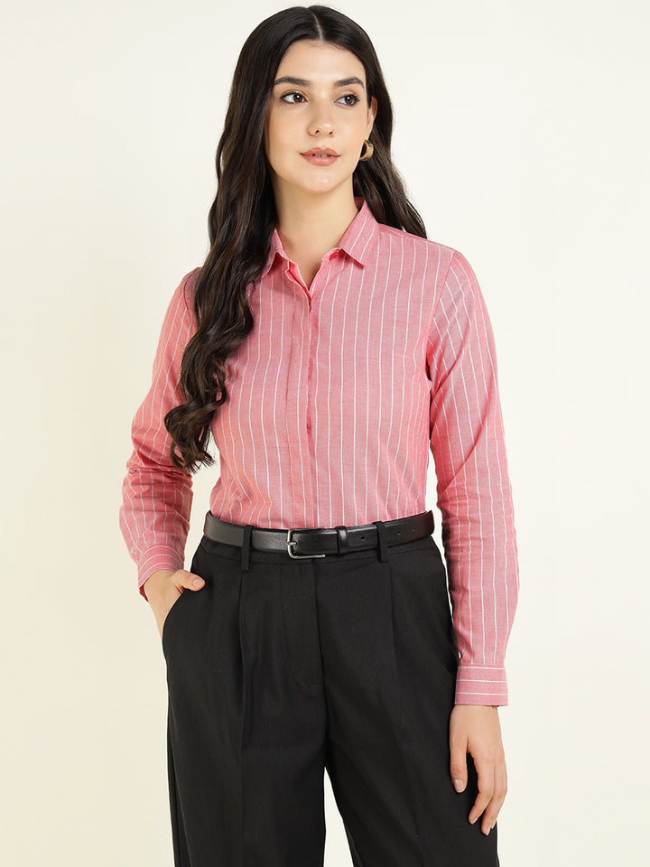 Women Coral Striped Pure Cotton Slim Fit Formal Shirt