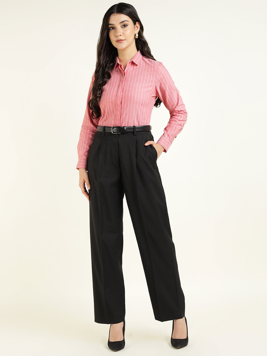Women Coral Striped Pure Cotton Slim Fit Formal Shirt