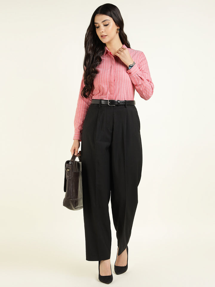 Women Coral Striped Pure Cotton Slim Fit Formal Shirt