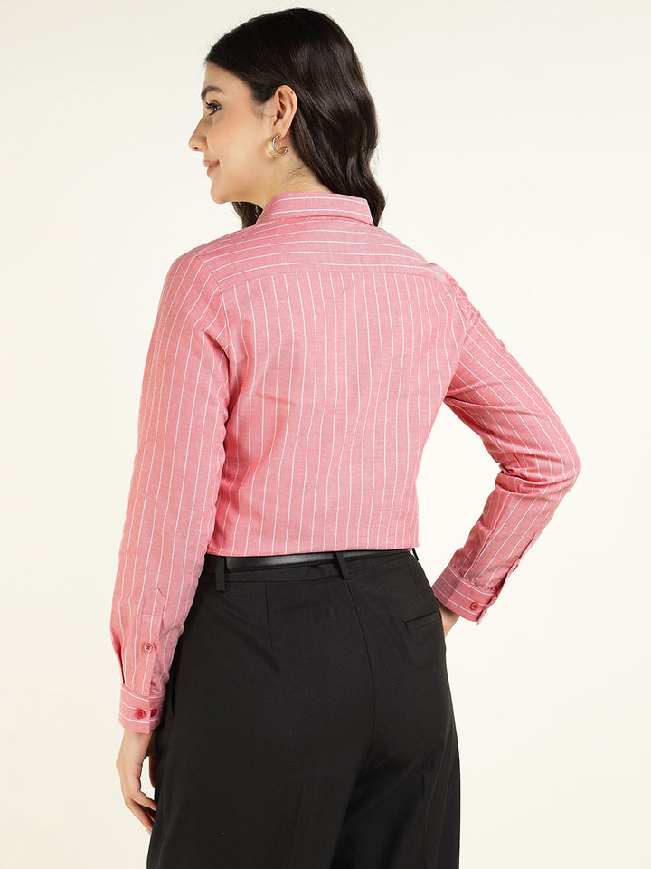Women Coral Striped Pure Cotton Slim Fit Formal Shirt