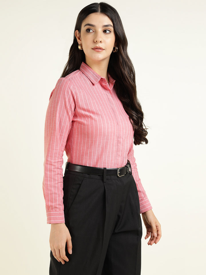 Women Coral Striped Pure Cotton Slim Fit Formal Shirt