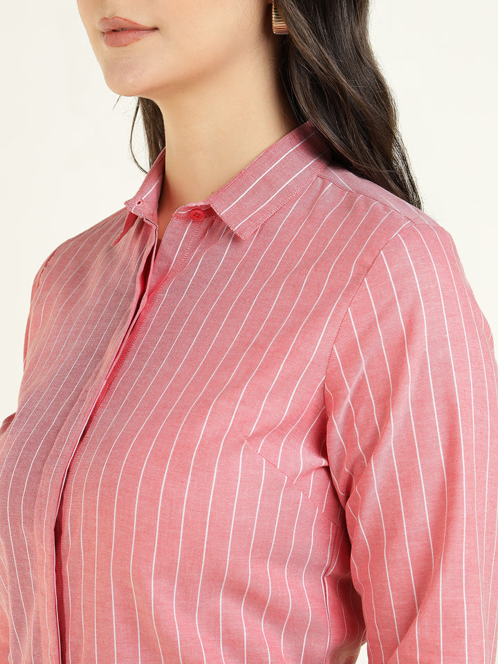Women Coral Striped Pure Cotton Slim Fit Formal Shirt