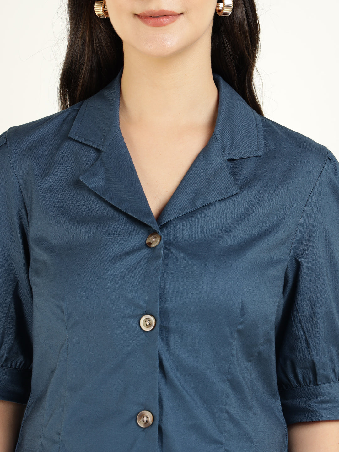 Women Aegan Blue Solid Pure Cotton Regular Fit Formal Shirt