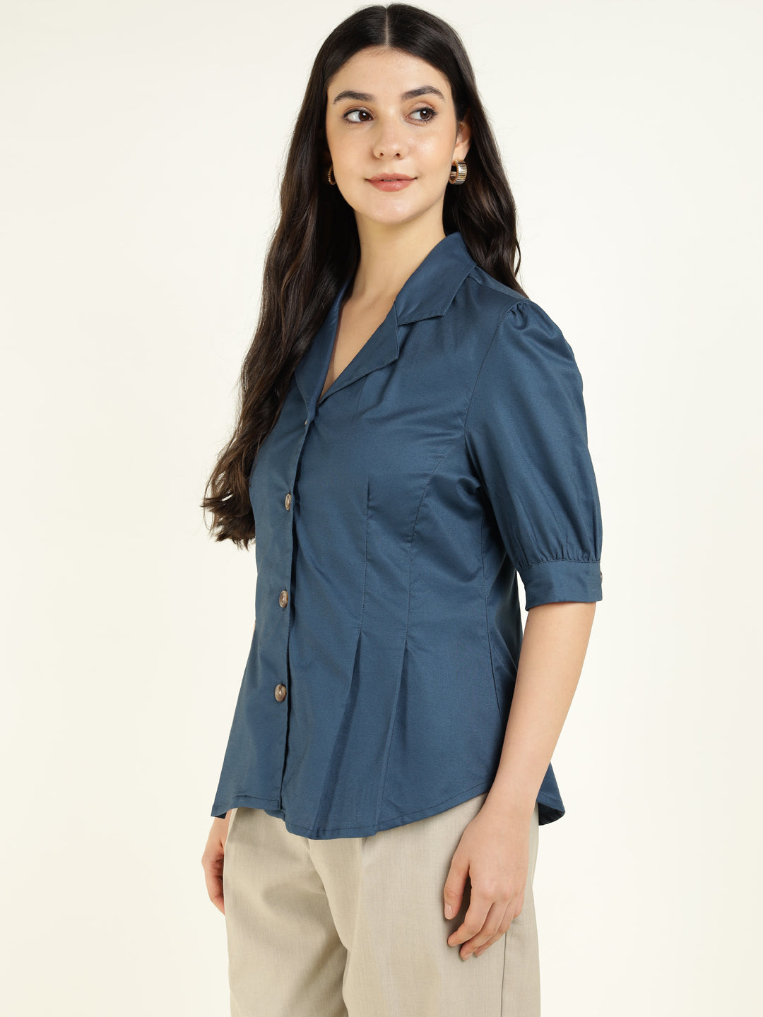 Women Aegan Blue Solid Pure Cotton Regular Fit Formal Shirt
