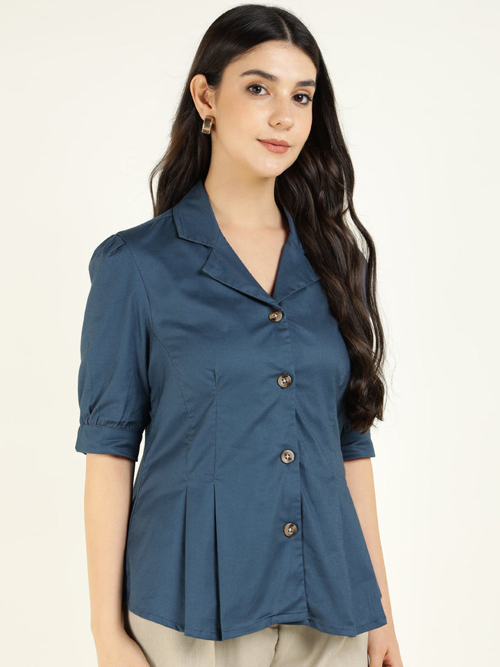 Women Aegan Blue Solid Pure Cotton Regular Fit Formal Shirt