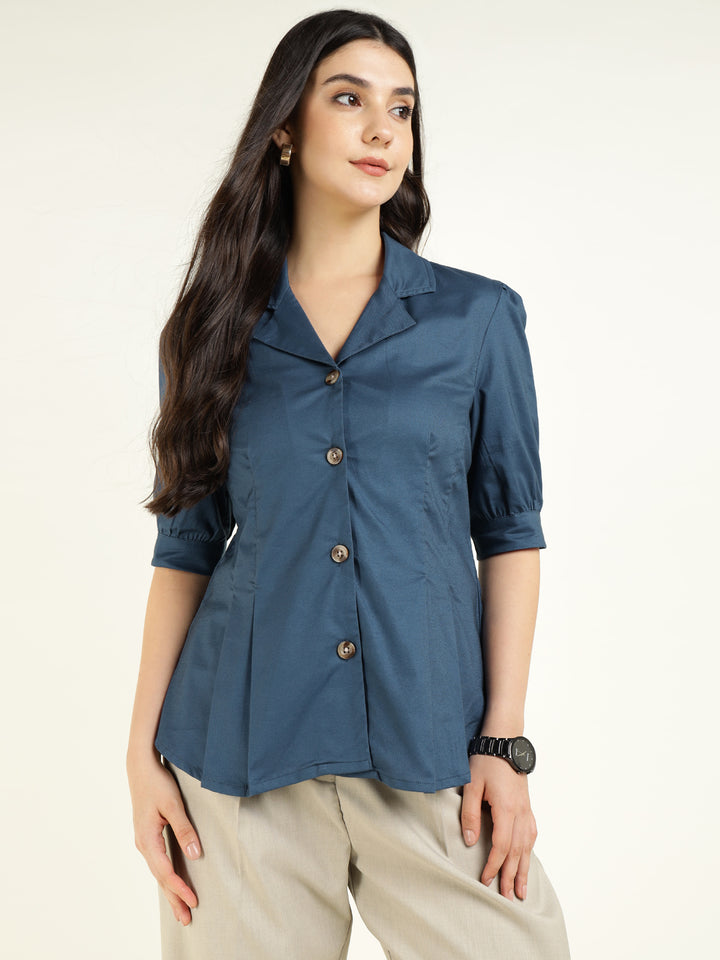 Women Aegan Blue Solid Pure Cotton Regular Fit Formal Shirt