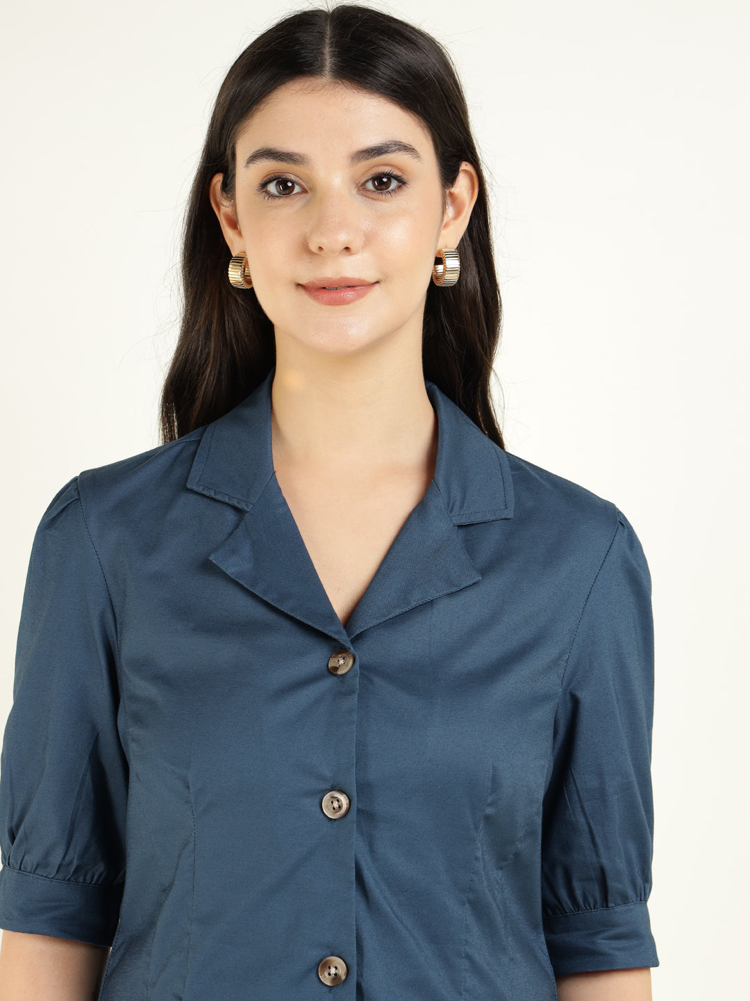 Women Aegan Blue Solid Pure Cotton Regular Fit Formal Shirt