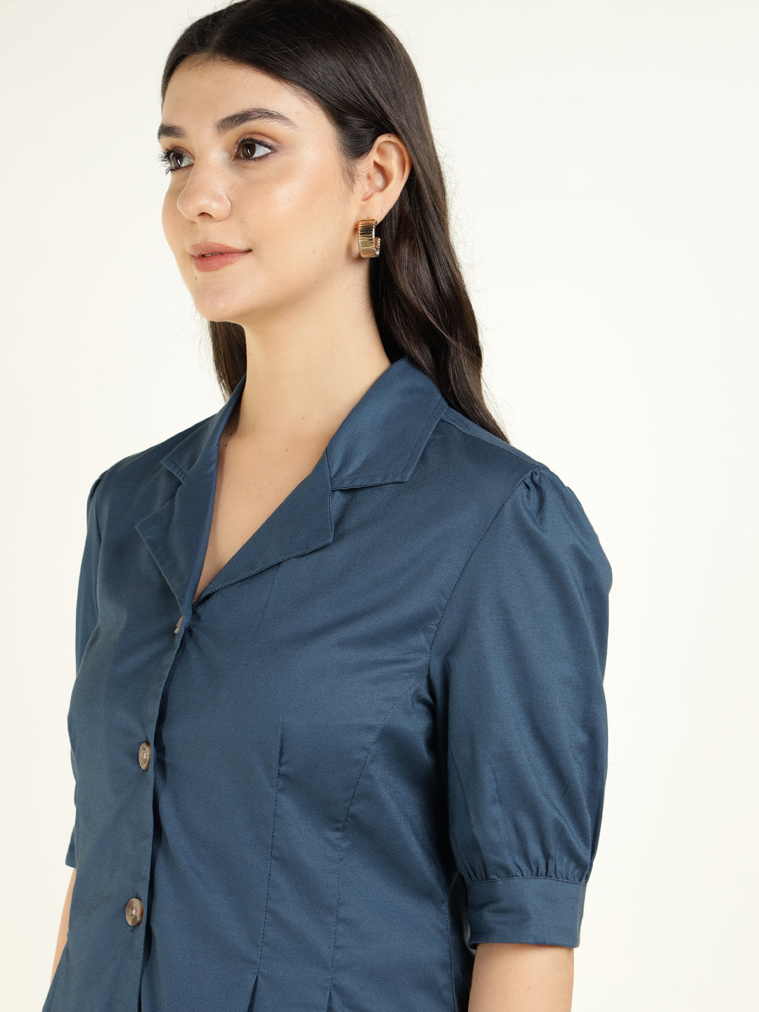 Women Aegan Blue Solid Pure Cotton Regular Fit Formal Shirt