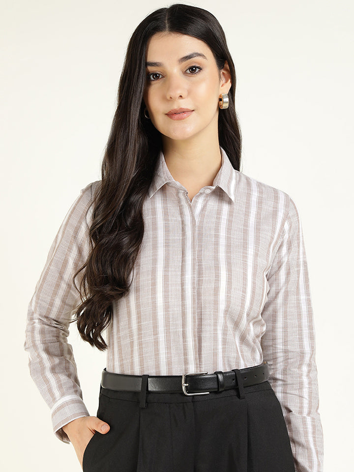 Women Beige & Mauve Striped Linen Blend Regular Fit Formal Shirt