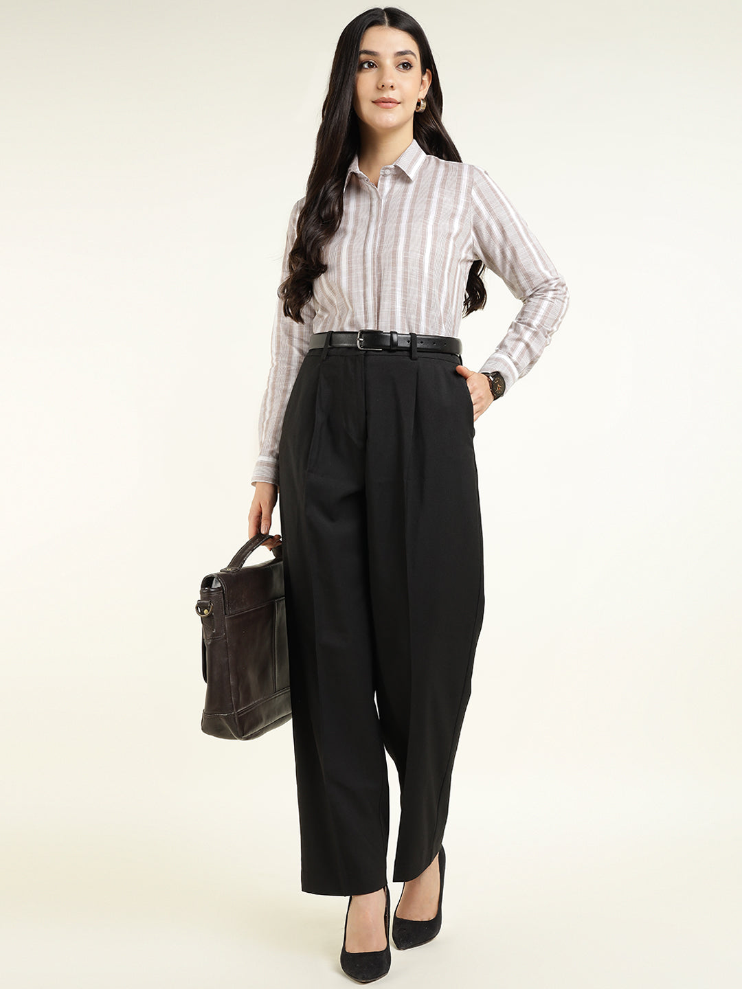 Women Beige & Mauve Striped Linen Blend Regular Fit Formal Shirt