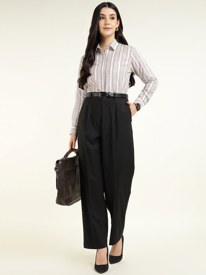 Women Beige & Mauve Striped Linen Blend Regular Fit Formal Shirt