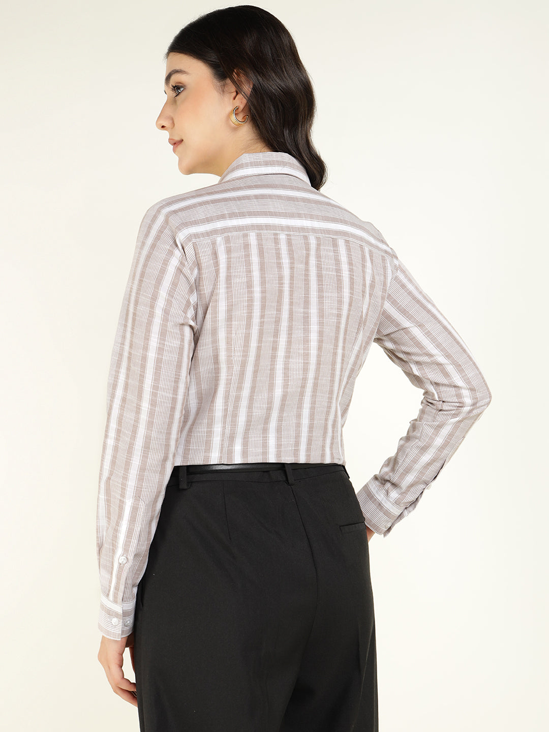 Women Beige & Mauve Striped Linen Blend Regular Fit Formal Shirt