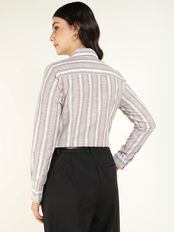 Women Beige & Mauve Striped Linen Blend Regular Fit Formal Shirt