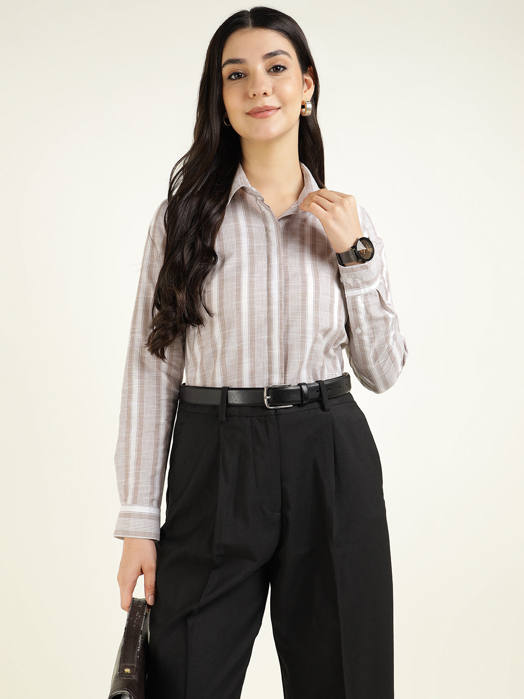 Women Beige & Mauve Striped Linen Blend Regular Fit Formal Shirt