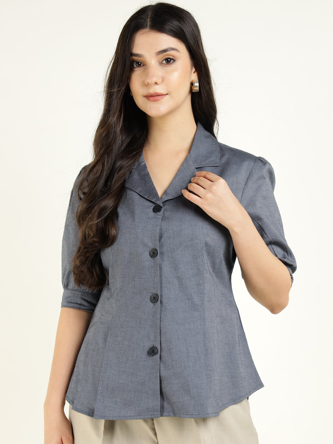 Women Grey Solid Pure Cotton Regular Fit Formal Shirt