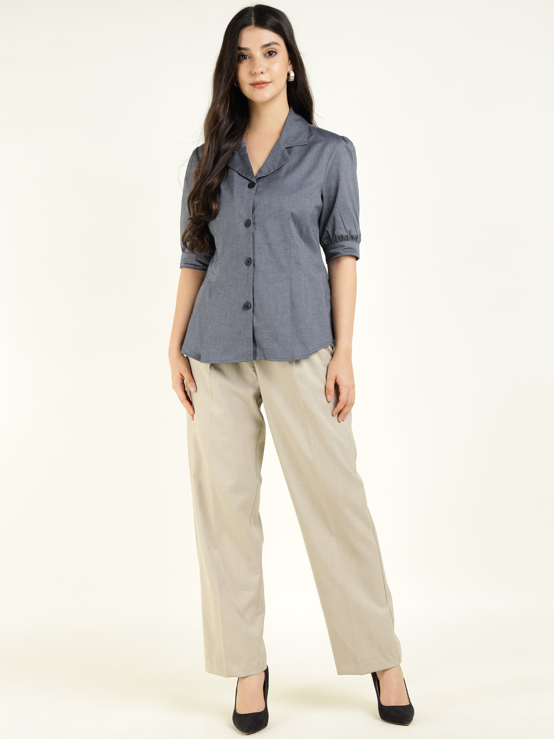 Women Grey Solid Pure Cotton Regular Fit Formal Shirt