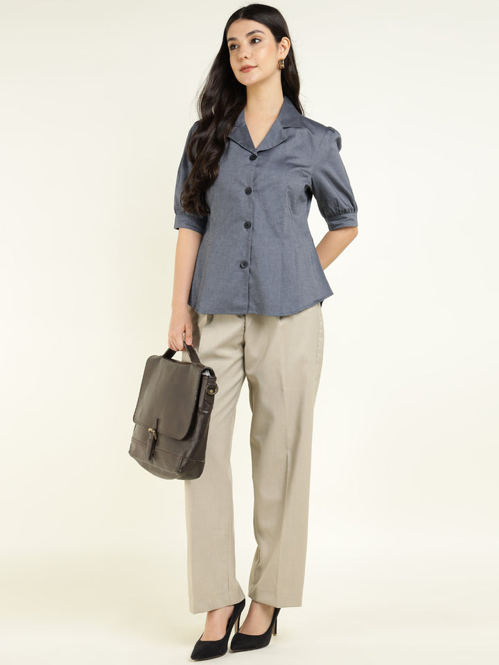 Women Grey Solid Pure Cotton Regular Fit Formal Shirt