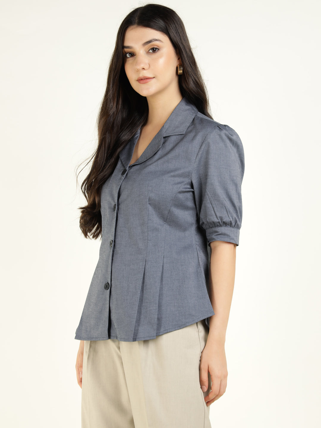 Women Grey Solid Pure Cotton Regular Fit Formal Shirt