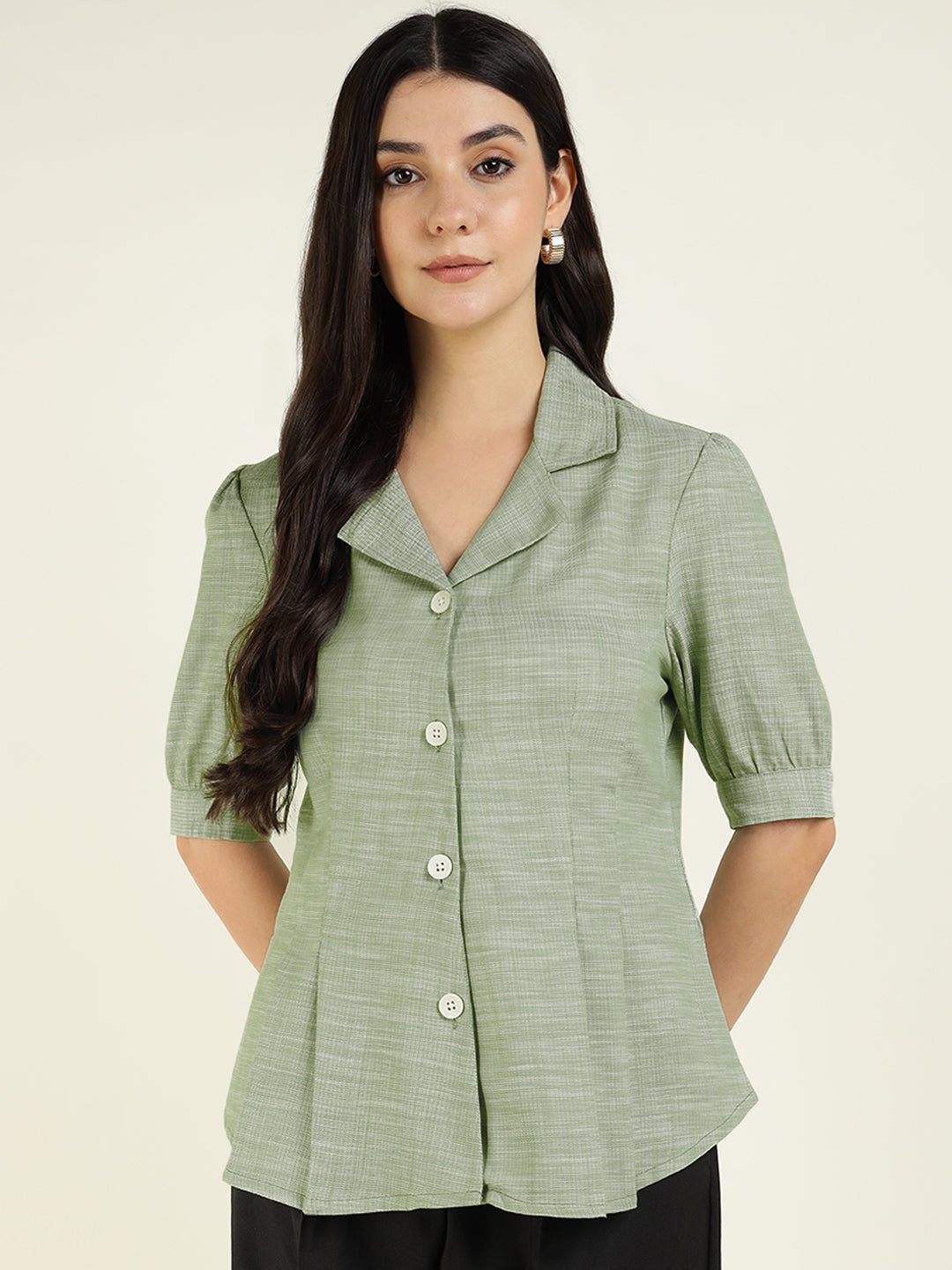 Women Green Solid Pure Cotton Regular Fit Formal Shirt
