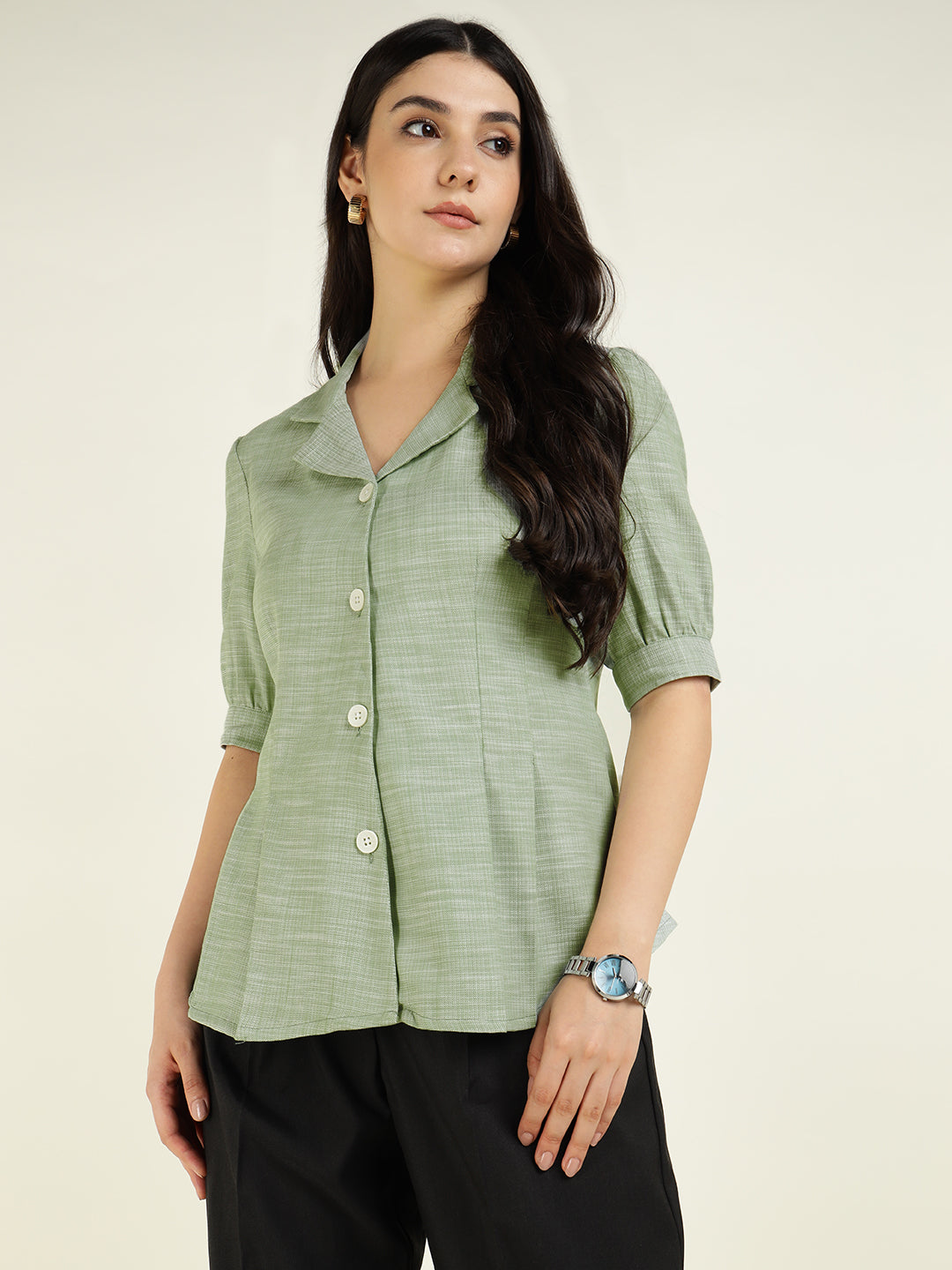 Women Green Solid Pure Cotton Regular Fit Formal Shirt