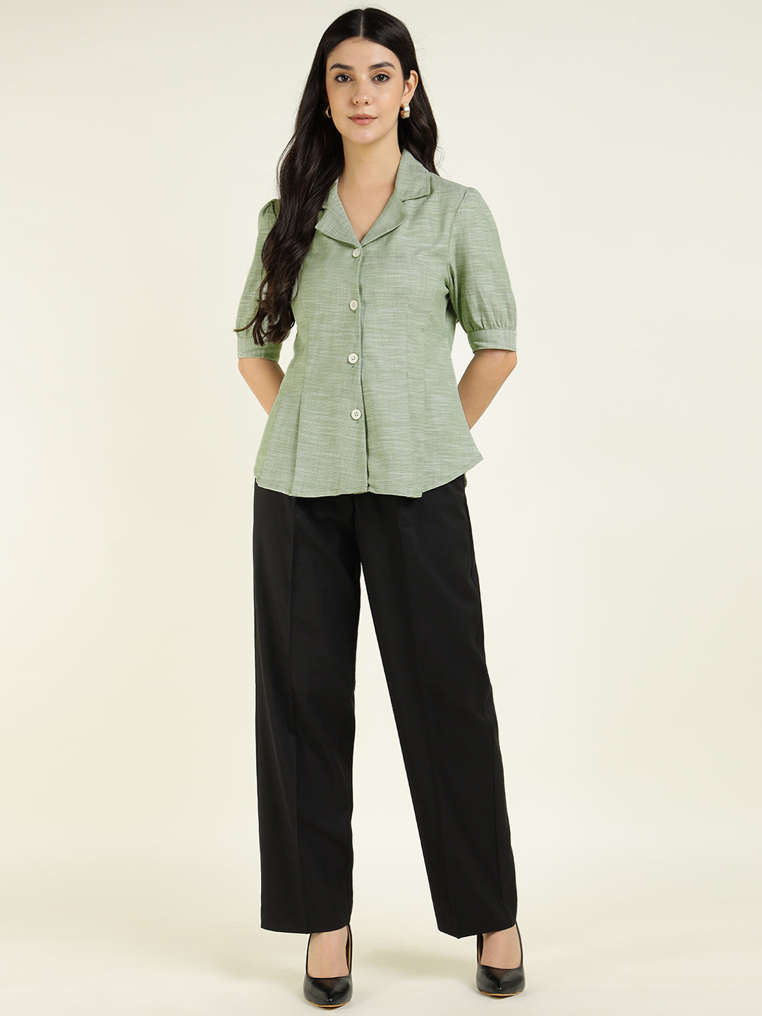 Women Green Solid Pure Cotton Regular Fit Formal Shirt