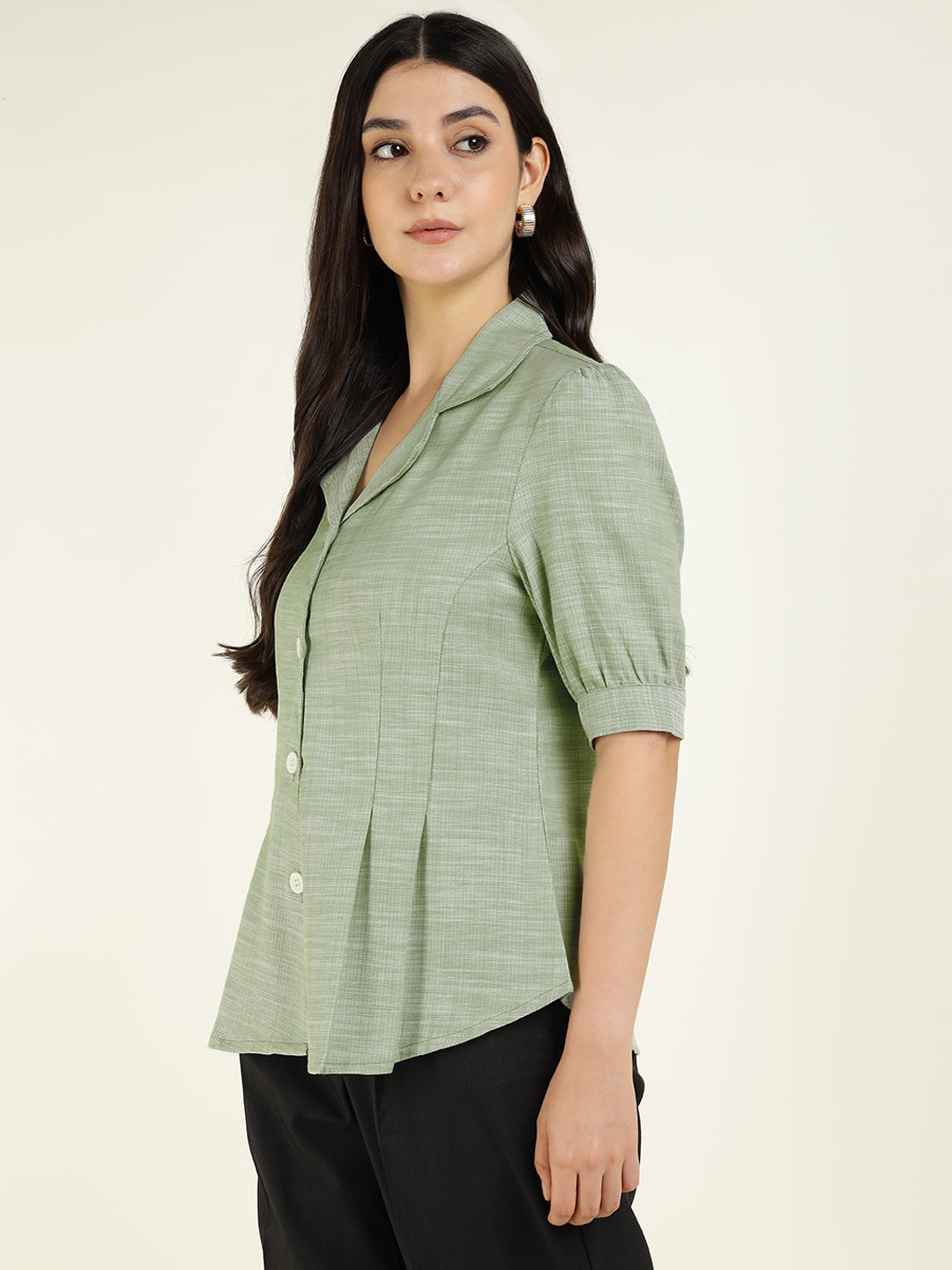 Women Green Solid Pure Cotton Regular Fit Formal Shirt