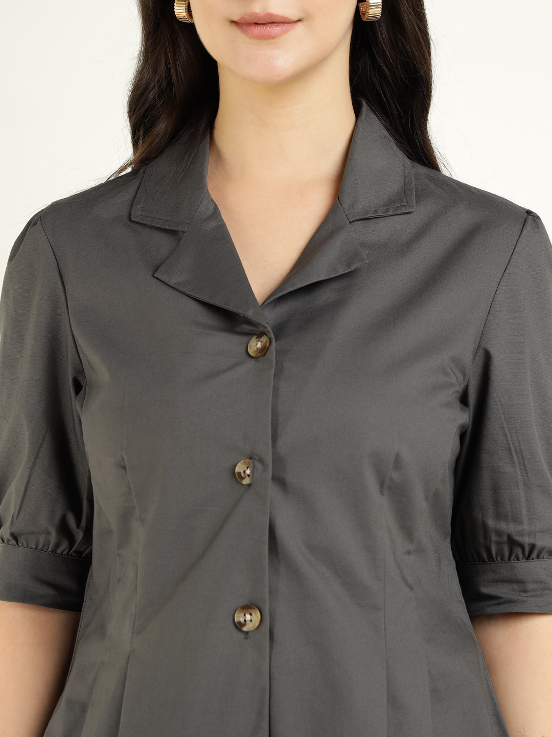 Women Dark Grey Solid Pure Cotton Regular Fit Formal Shirt