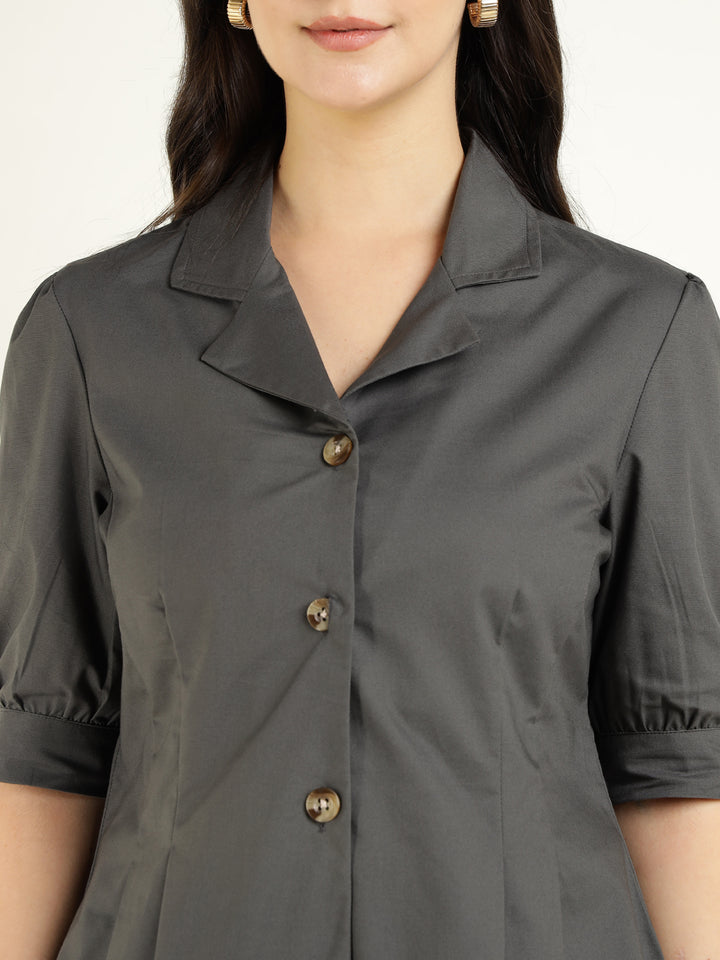 Women Dark Grey Solid Pure Cotton Regular Fit Formal Shirt