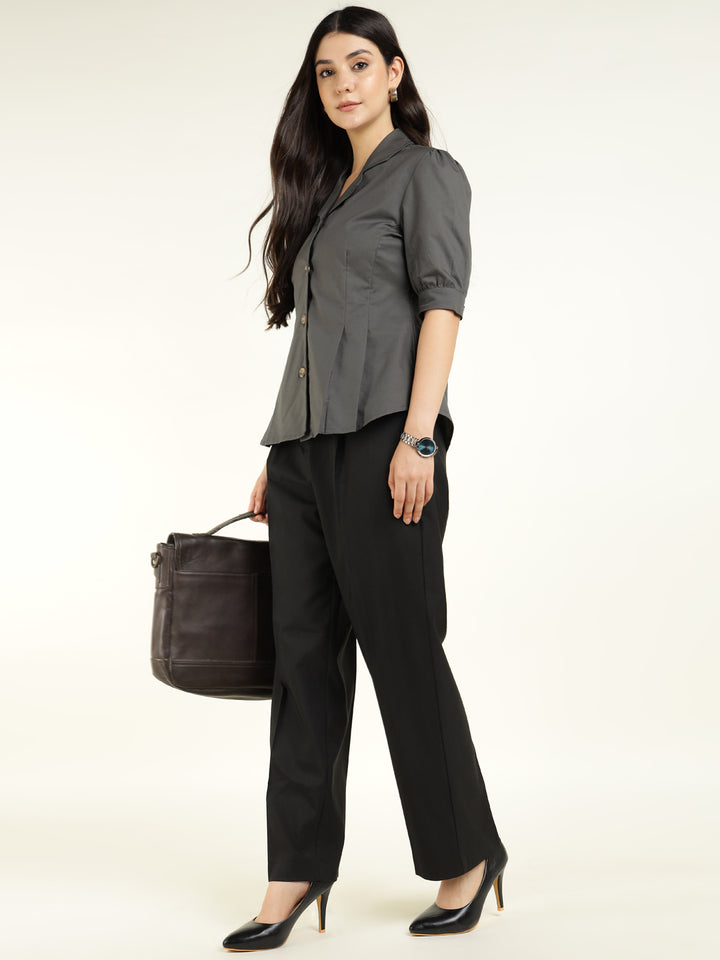 Women Dark Grey Solid Pure Cotton Regular Fit Formal Shirt