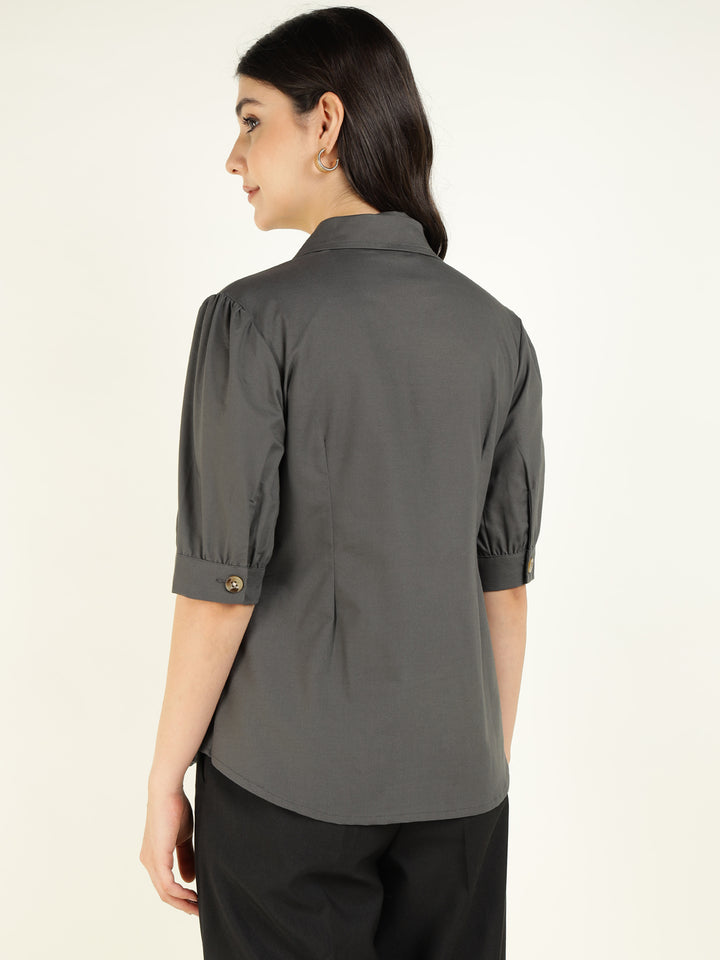 Women Dark Grey Solid Pure Cotton Regular Fit Formal Shirt