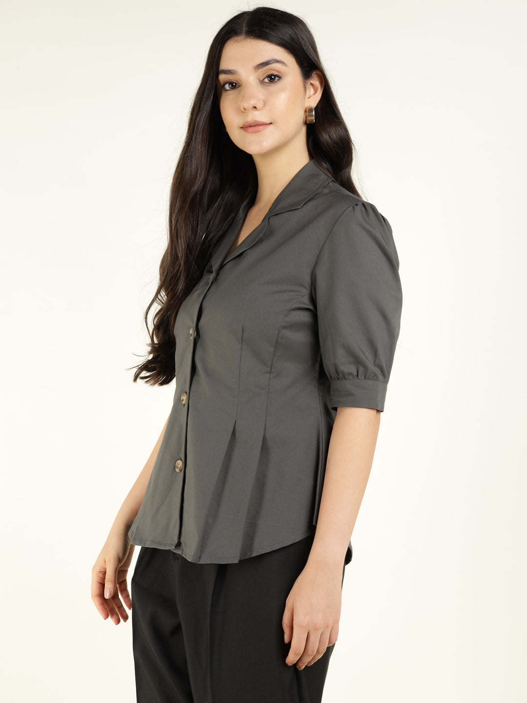 Women Dark Grey Solid Pure Cotton Regular Fit Formal Shirt