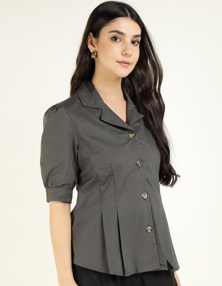Women Dark Grey Solid Pure Cotton Regular Fit Formal Shirt