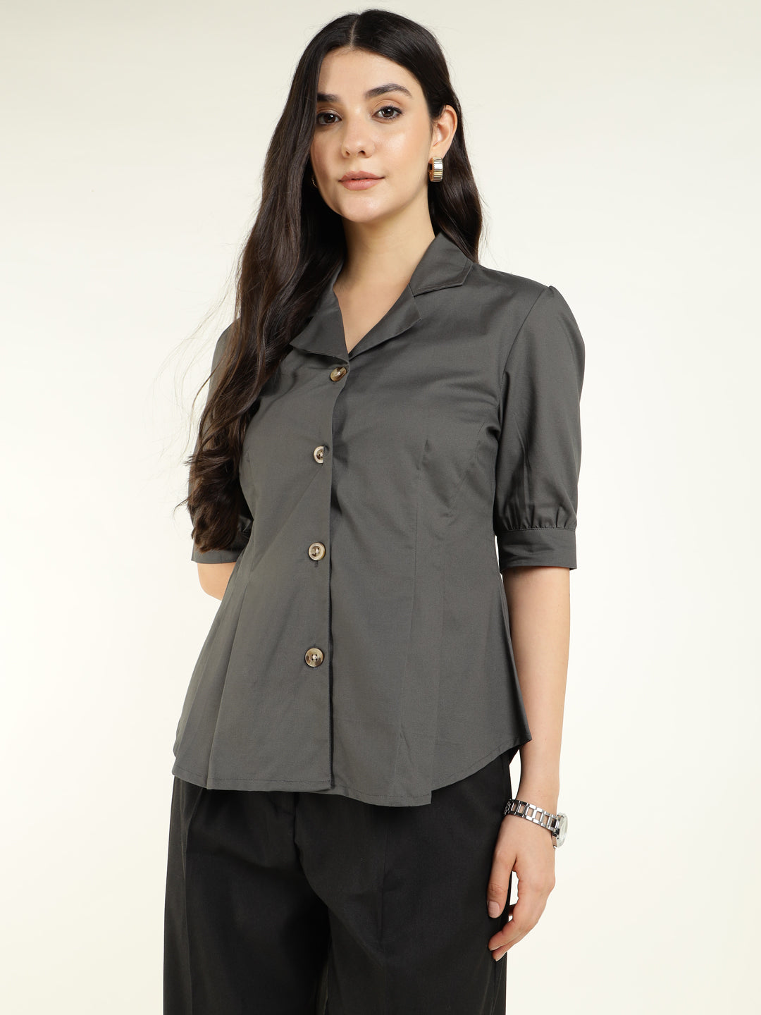 Women Dark Grey Solid Pure Cotton Regular Fit Formal Shirt